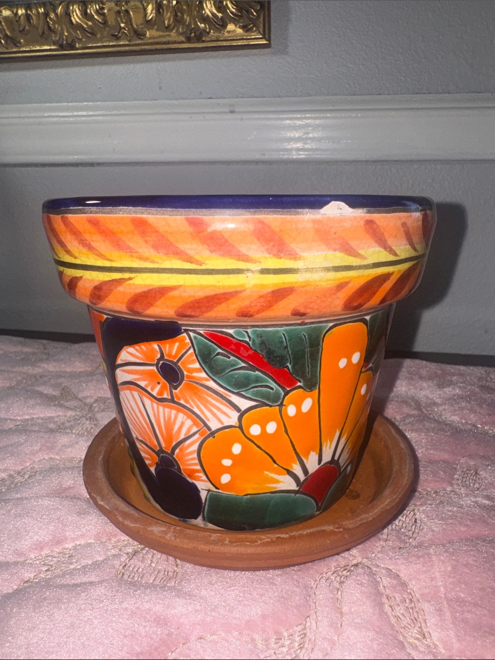 Hand-Painted Orange Floral Talavera Ceramic Planter